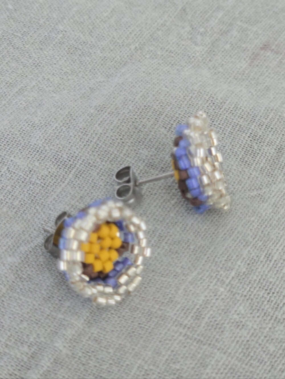 New Handmade Yellow & Purple Beaded Flower Stud Earrings - Picture 2 of 5